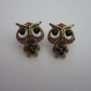 Owl Pink and purple crystal gold tone earrings